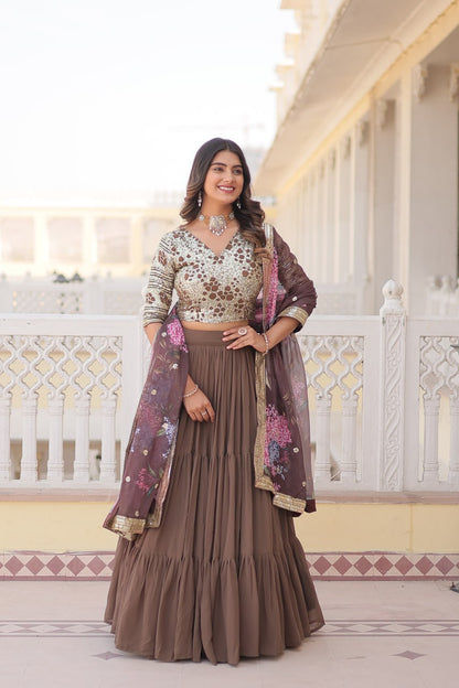 Beige Color Faux Georgette With Sequins Embroidered Work Lehenga Choli