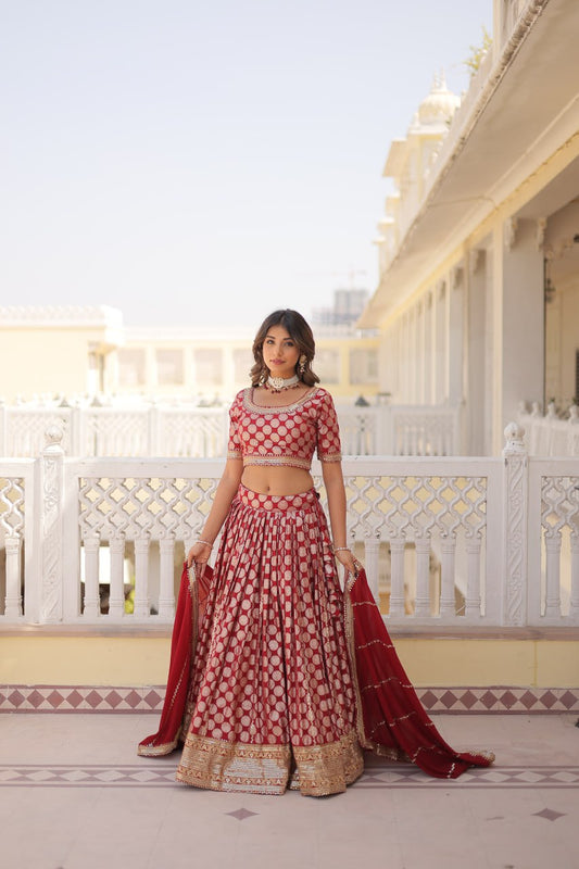 Red Color Pure Dyable Viscose Jacquard With Embroidered Sequins Work Lehenga