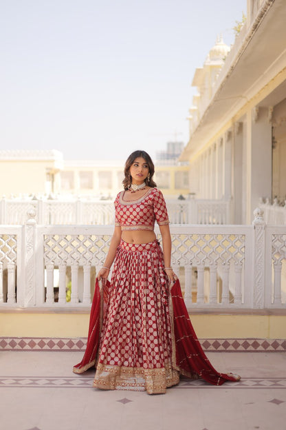 Red Color Pure Dyable Viscose Jacquard With Embroidered Sequins Work Lehenga