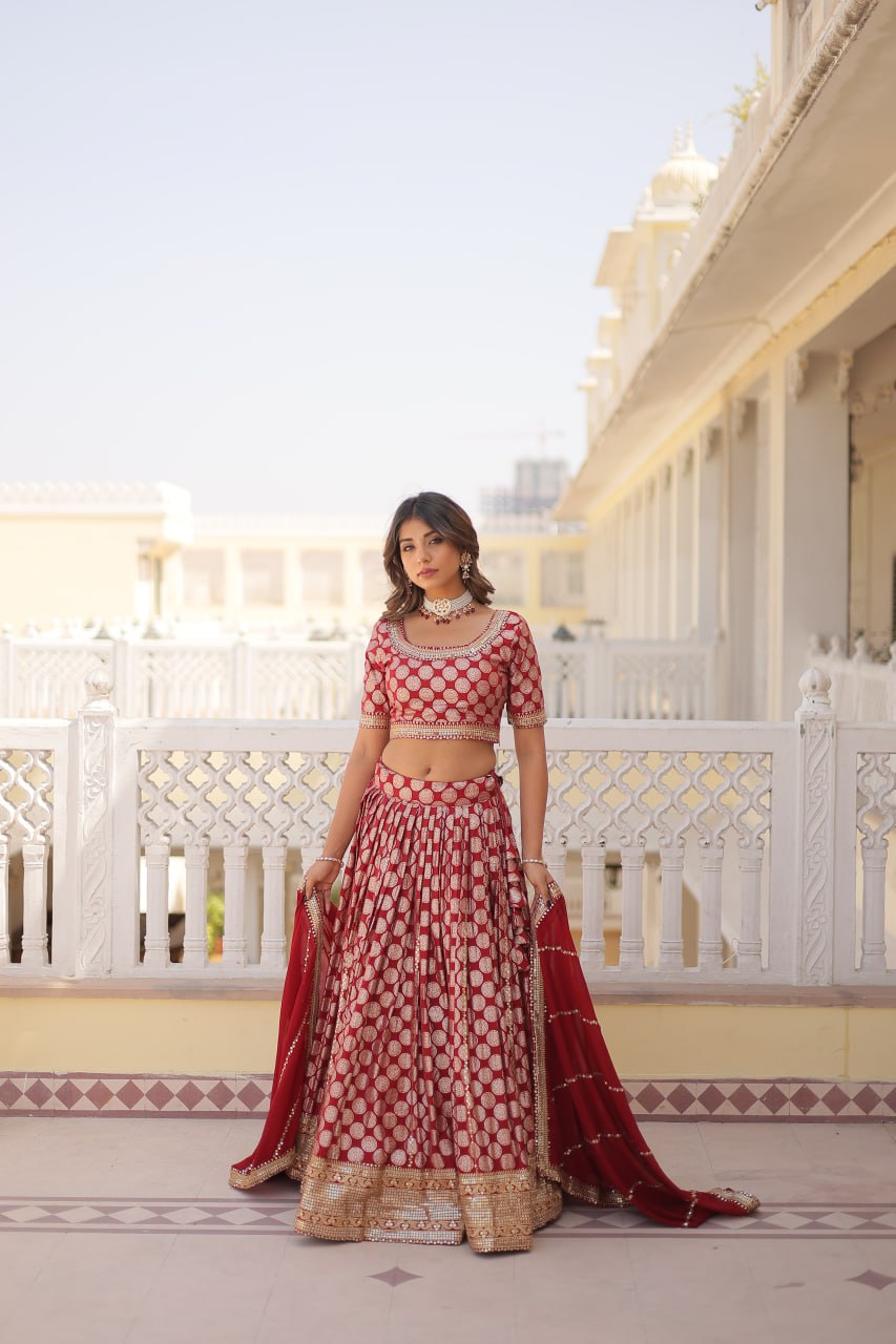 Red Color Pure Dyable Viscose Jacquard With Embroidered Sequins Work Lehenga