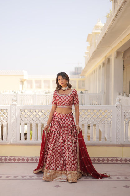 Red Color Pure Dyable Viscose Jacquard With Embroidered Sequins Work Lehenga