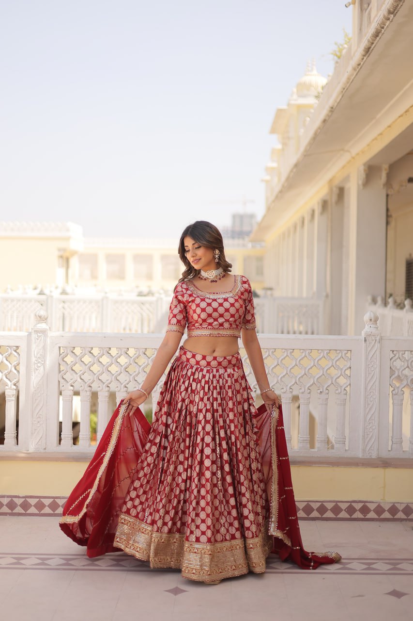 Red Color Pure Dyable Viscose Jacquard With Embroidered Sequins Work Lehenga