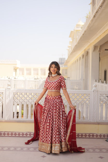 Red Color Pure Dyable Viscose Jacquard With Embroidered Sequins Work Lehenga