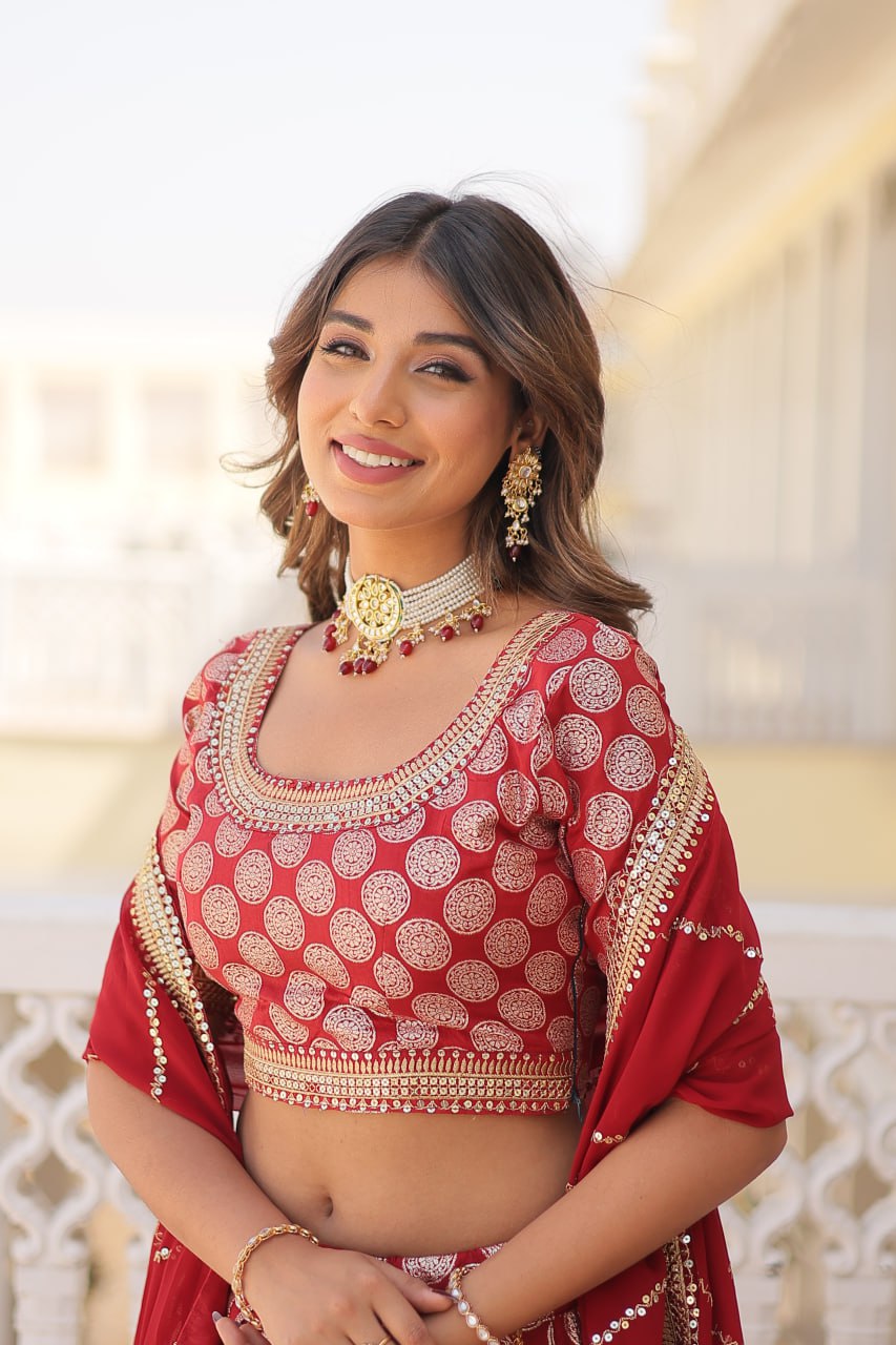 Red Color Pure Dyable Viscose Jacquard With Embroidered Sequins Work Lehenga