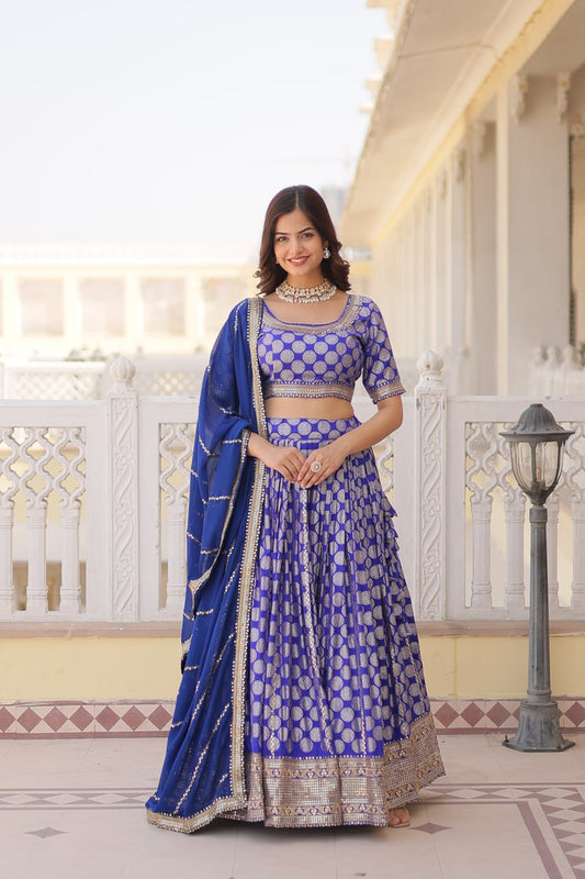 Blue Color Pure Dyable Viscose Jacquard With Embroidered Sequins Work Lehenga