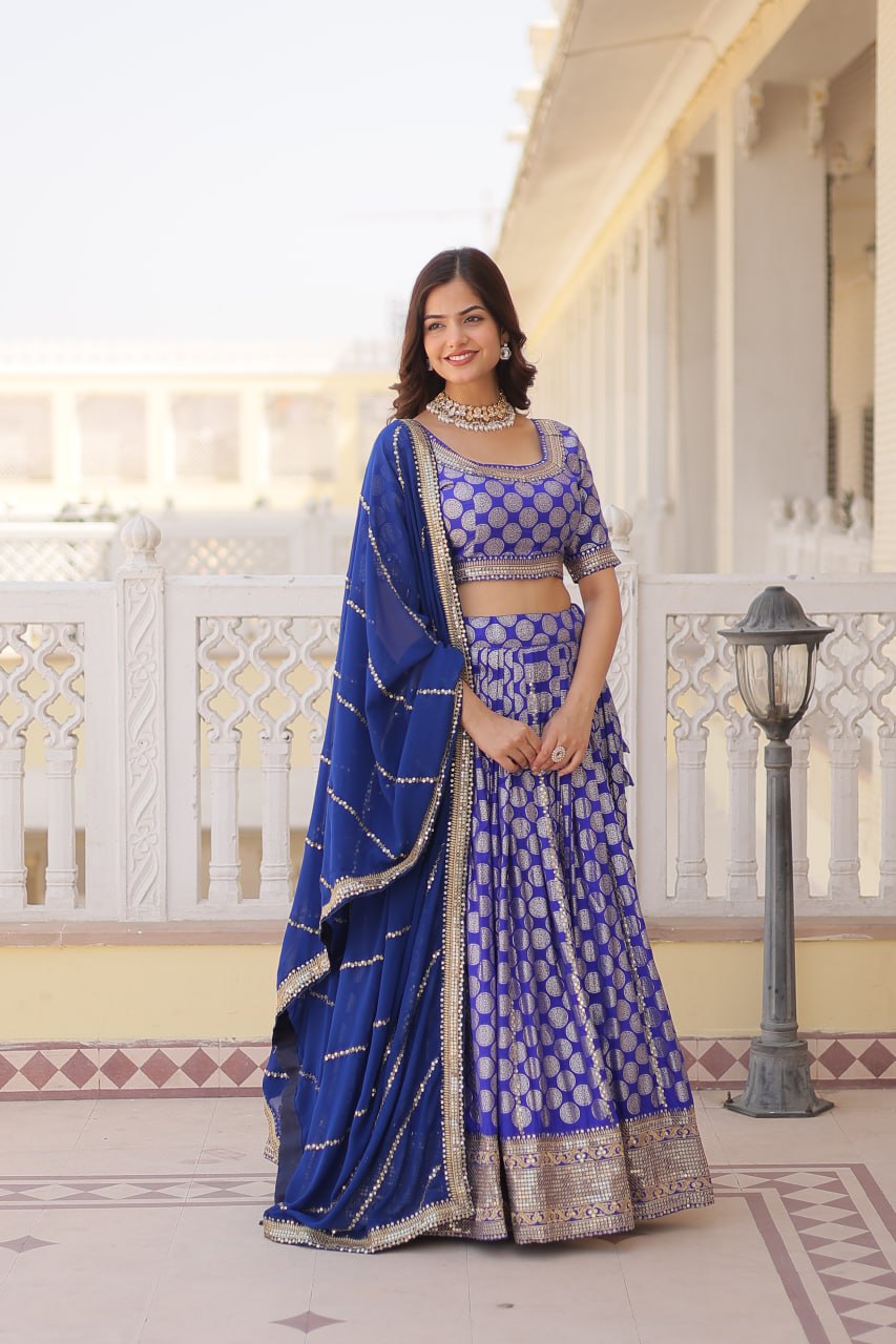 Blue Color Pure Dyable Viscose Jacquard With Embroidered Sequins Work Lehenga