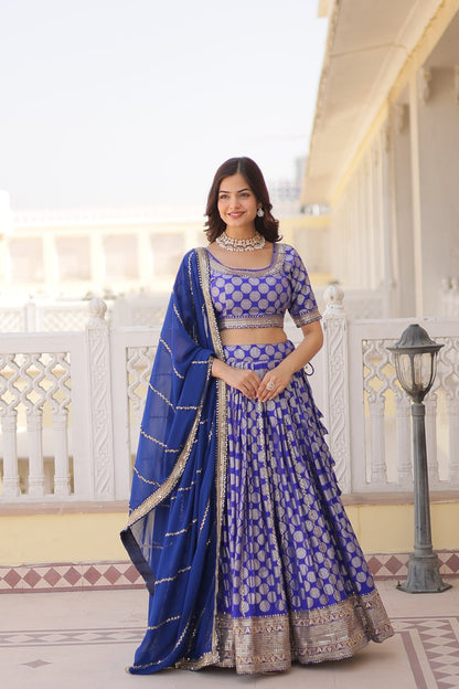 Blue Color Pure Dyable Viscose Jacquard With Embroidered Sequins Work Lehenga