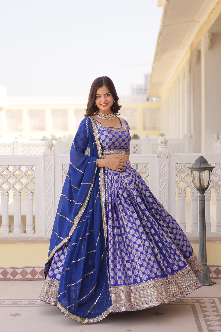 Blue Color Pure Dyable Viscose Jacquard With Embroidered Sequins Work Lehenga