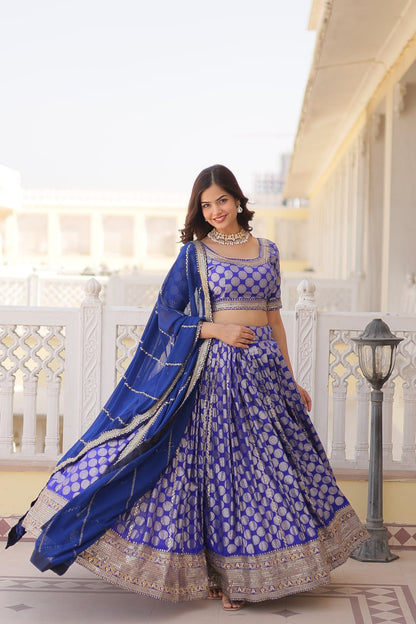 Blue Color Pure Dyable Viscose Jacquard With Embroidered Sequins Work Lehenga