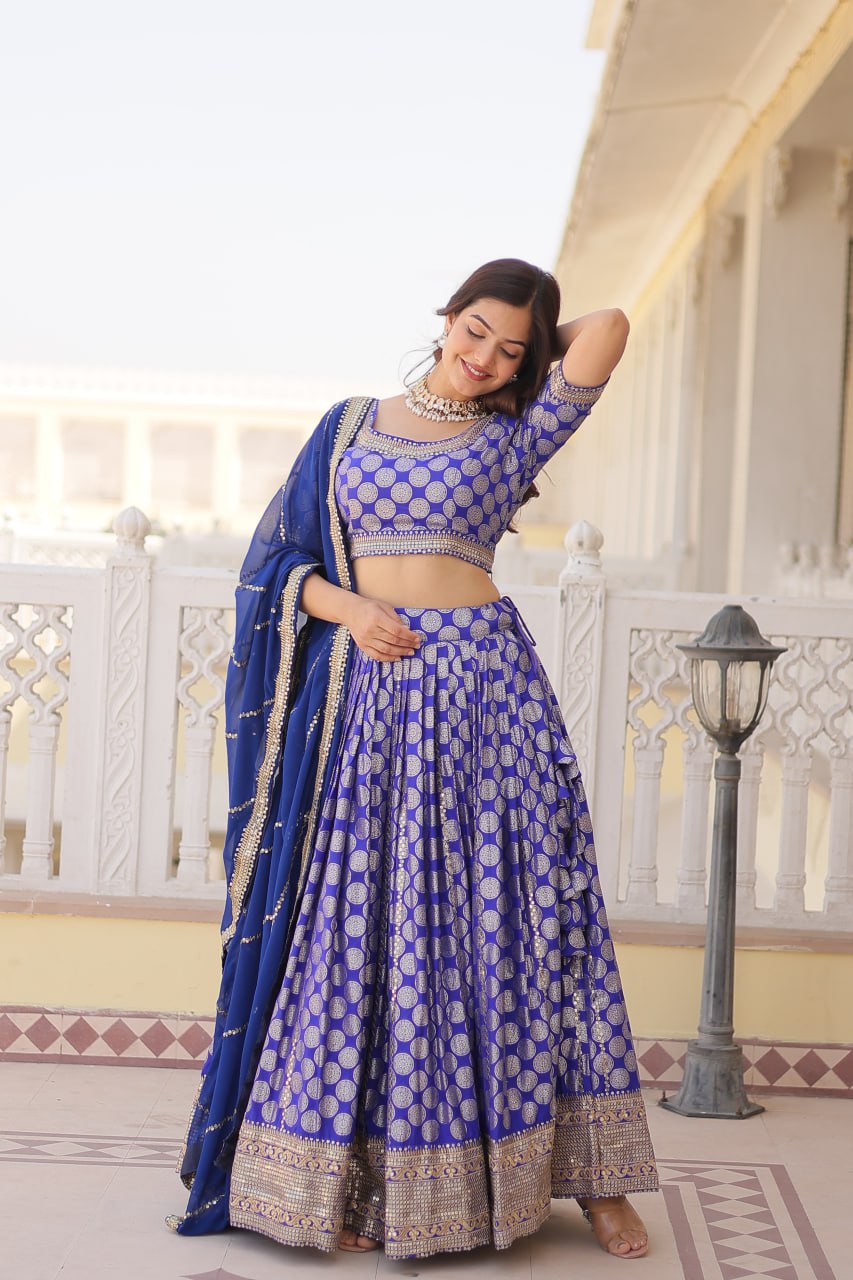 Blue Color Pure Dyable Viscose Jacquard With Embroidered Sequins Work Lehenga