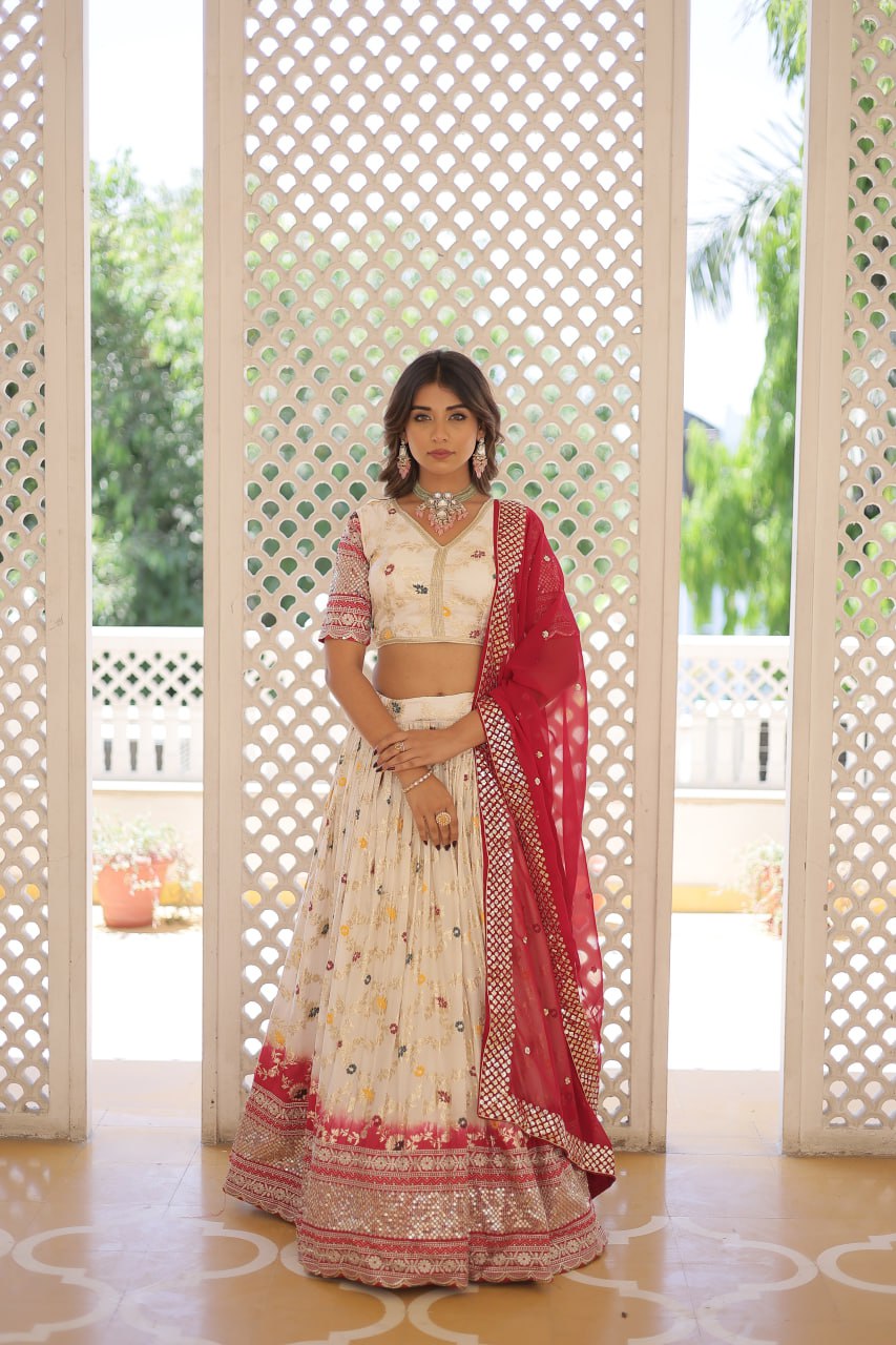 Off White Designer Dyeable Pure Viscose Jacquard Fabric Lehenga Choli