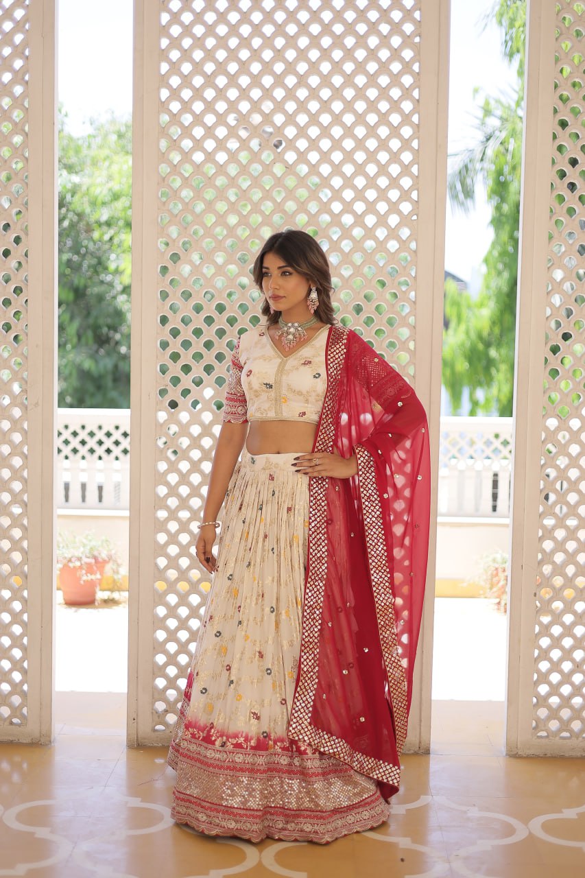 Off White Designer Dyeable Pure Viscose Jacquard Fabric Lehenga Choli