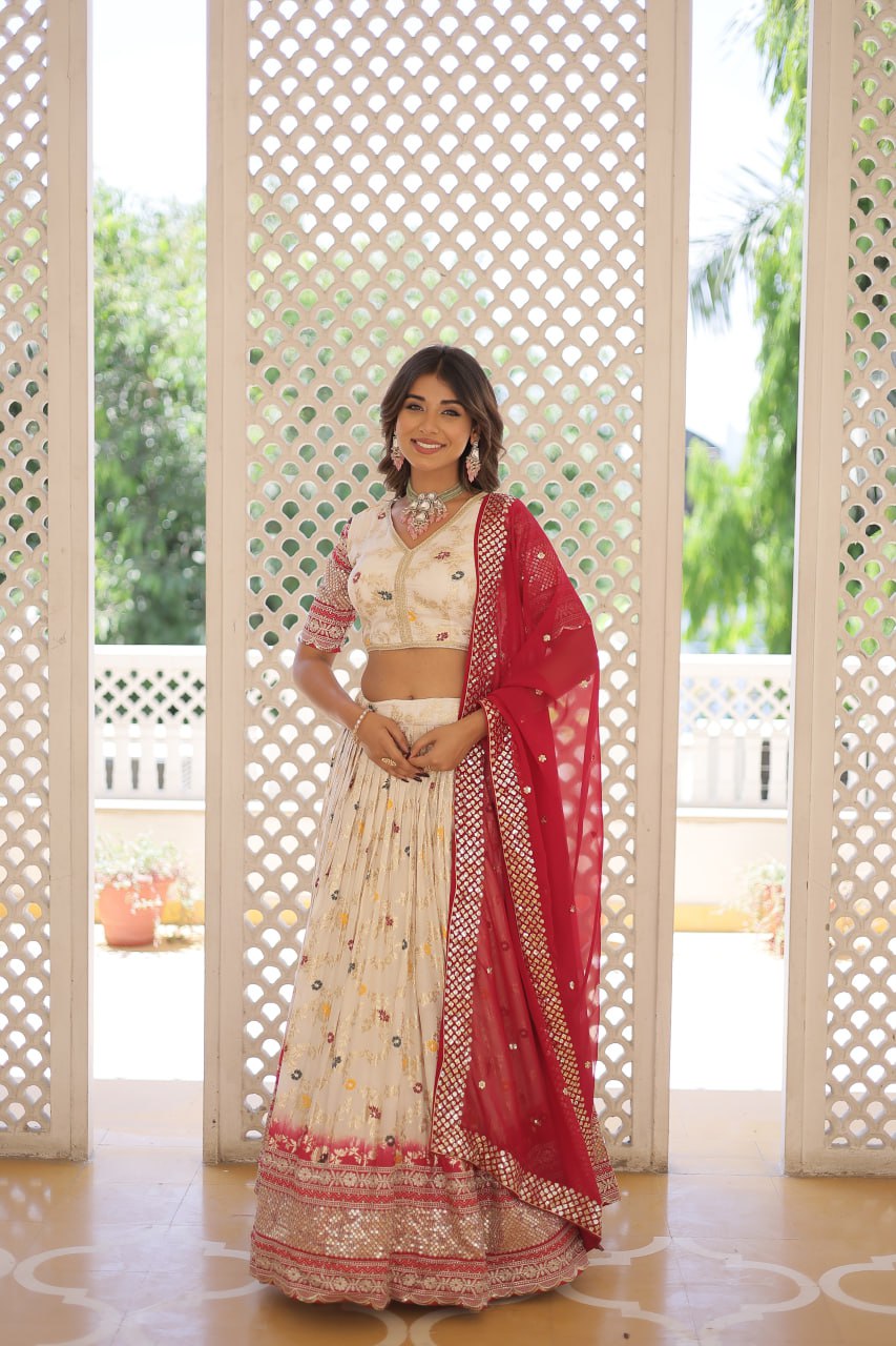 Off White Designer Dyeable Pure Viscose Jacquard Fabric Lehenga Choli