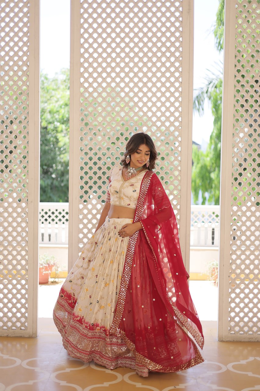 Off White Designer Dyeable Pure Viscose Jacquard Fabric Lehenga Choli