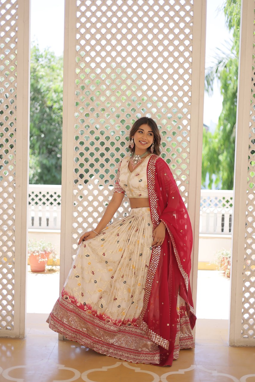 Off White Designer Dyeable Pure Viscose Jacquard Fabric Lehenga Choli