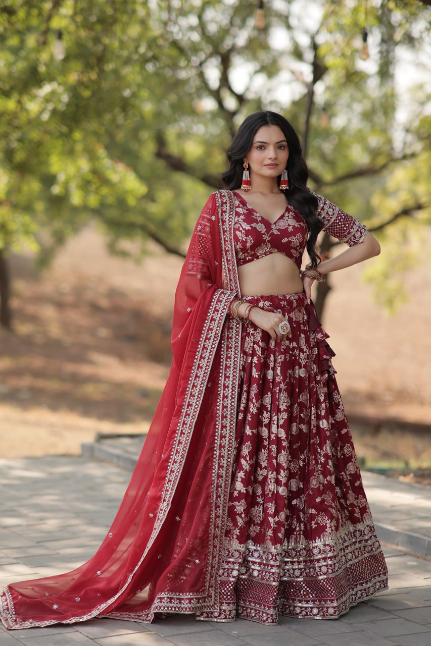 Maroon Pure Dyable Viscose Jacquard With Embroidered Sequins Work Lehenga Choli