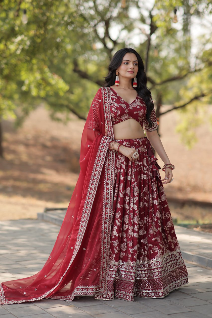 Maroon Pure Dyable Viscose Jacquard With Embroidered Sequins Work Lehenga Choli