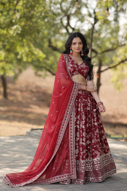 Maroon Pure Dyable Viscose Jacquard With Embroidered Sequins Work Lehenga Choli