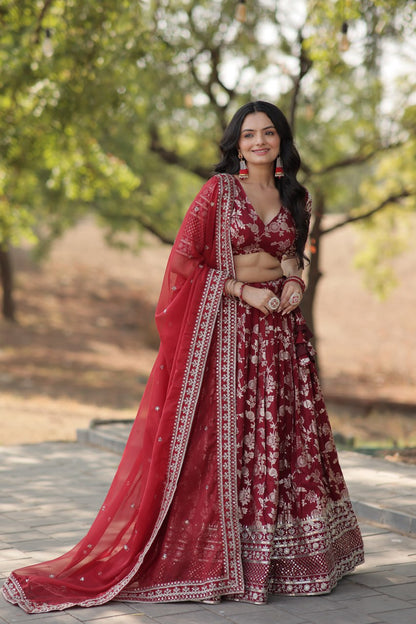 Maroon Pure Dyable Viscose Jacquard With Embroidered Sequins Work Lehenga Choli