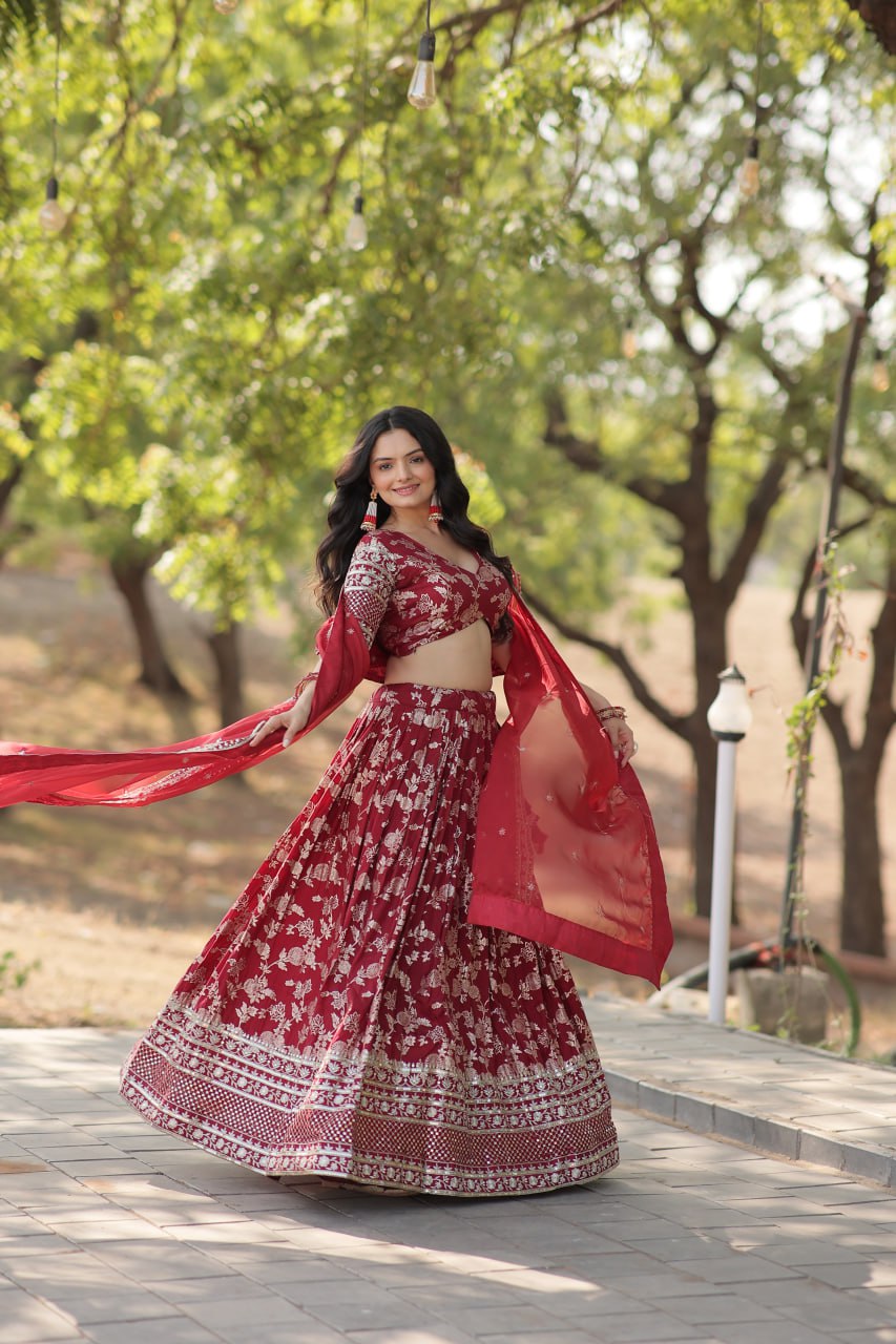 Maroon Pure Dyable Viscose Jacquard With Embroidered Sequins Work Lehenga Choli