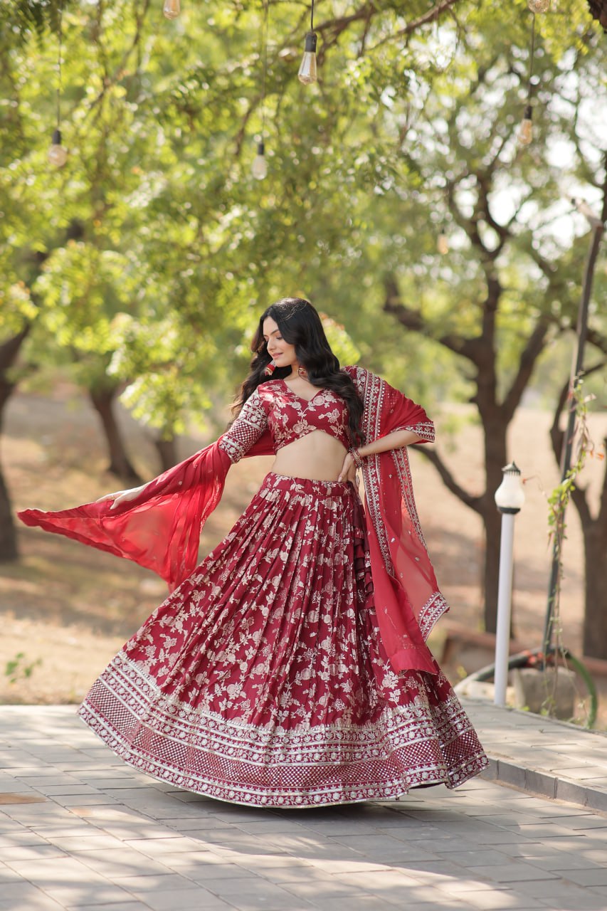 Maroon Pure Dyable Viscose Jacquard With Embroidered Sequins Work Lehenga Choli