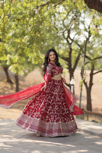 Maroon Pure Dyable Viscose Jacquard With Embroidered Sequins Work Lehenga Choli