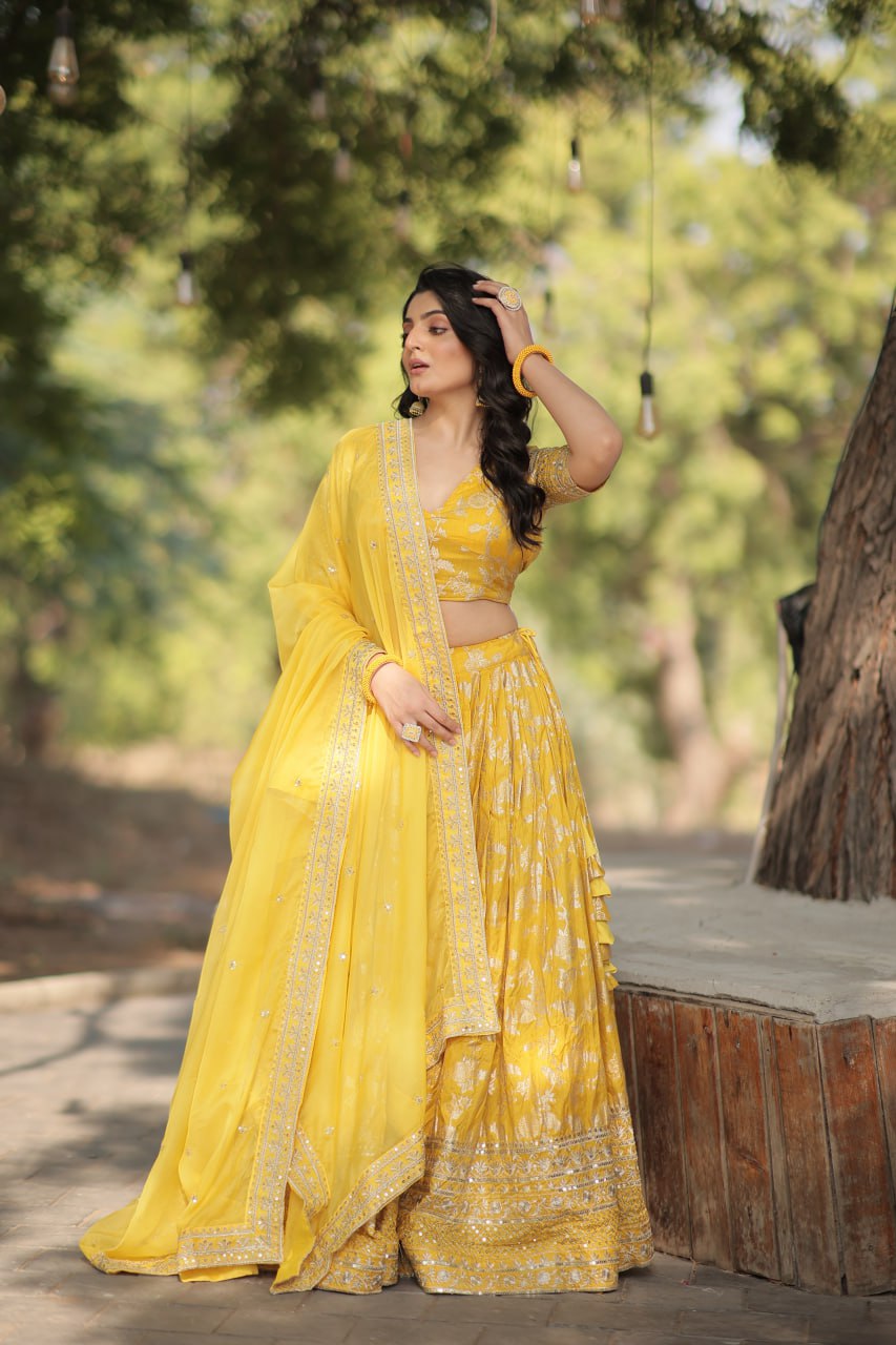 Yellow Pure Dyable Viscose Jacquard With Embroidered Sequins Work Lehenga Choli