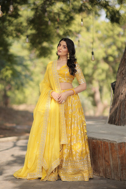 Yellow Pure Dyable Viscose Jacquard With Embroidered Sequins Work Lehenga Choli