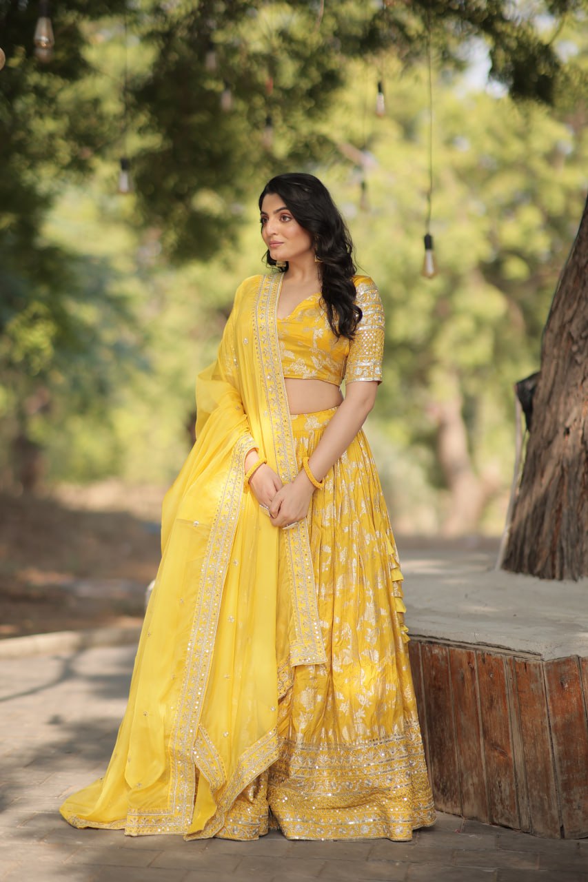 Yellow Pure Dyable Viscose Jacquard With Embroidered Sequins Work Lehenga Choli