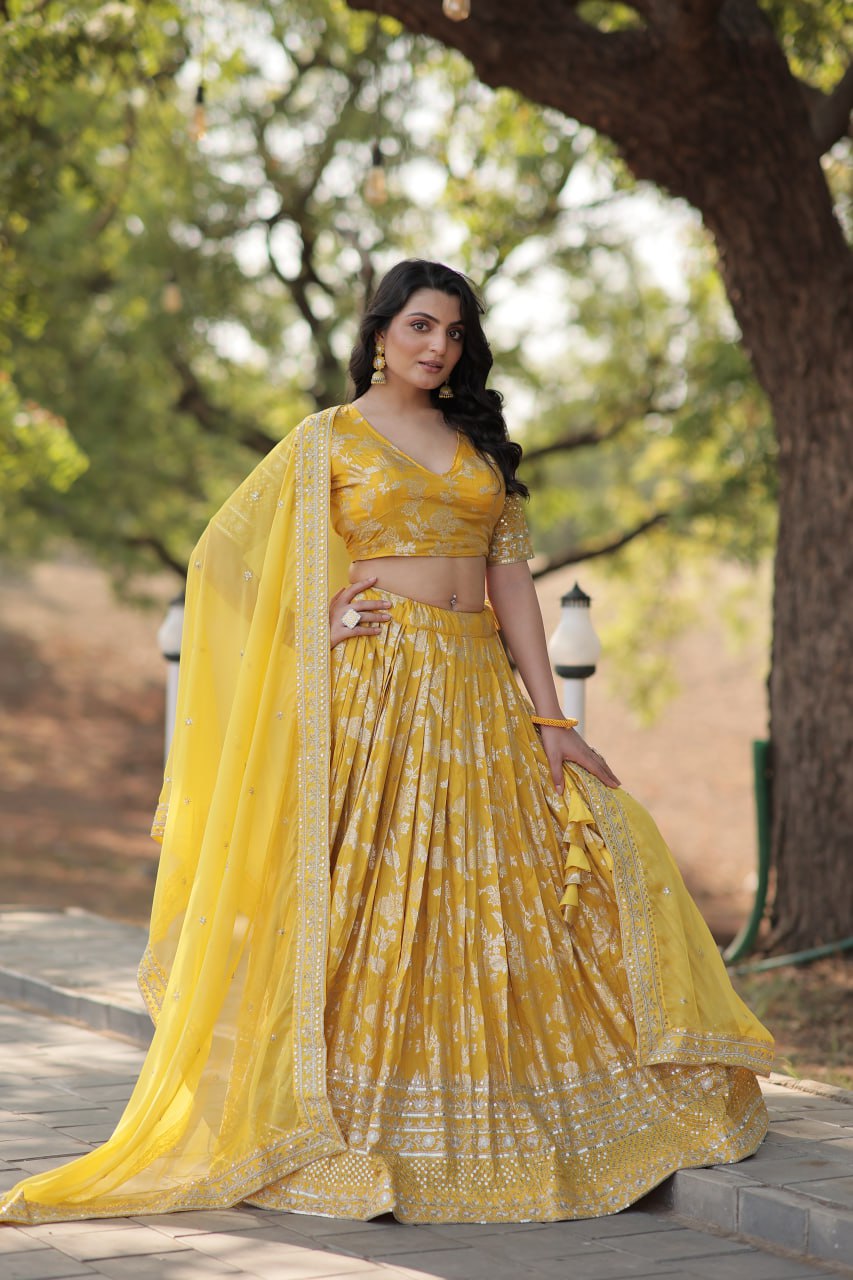 Yellow Pure Dyable Viscose Jacquard With Embroidered Sequins Work Lehenga Choli