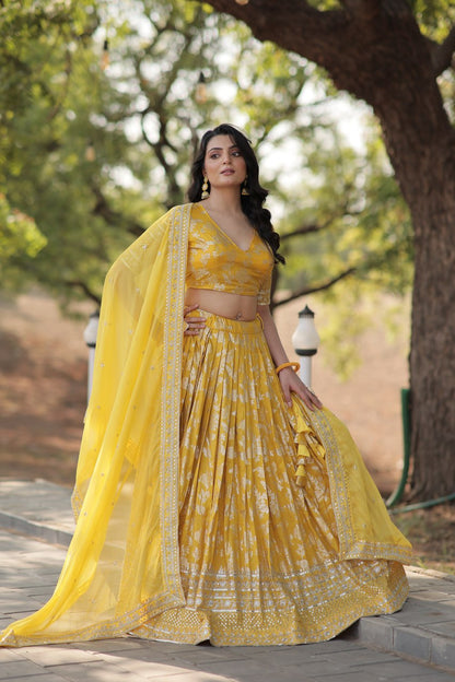 Yellow Pure Dyable Viscose Jacquard With Embroidered Sequins Work Lehenga Choli