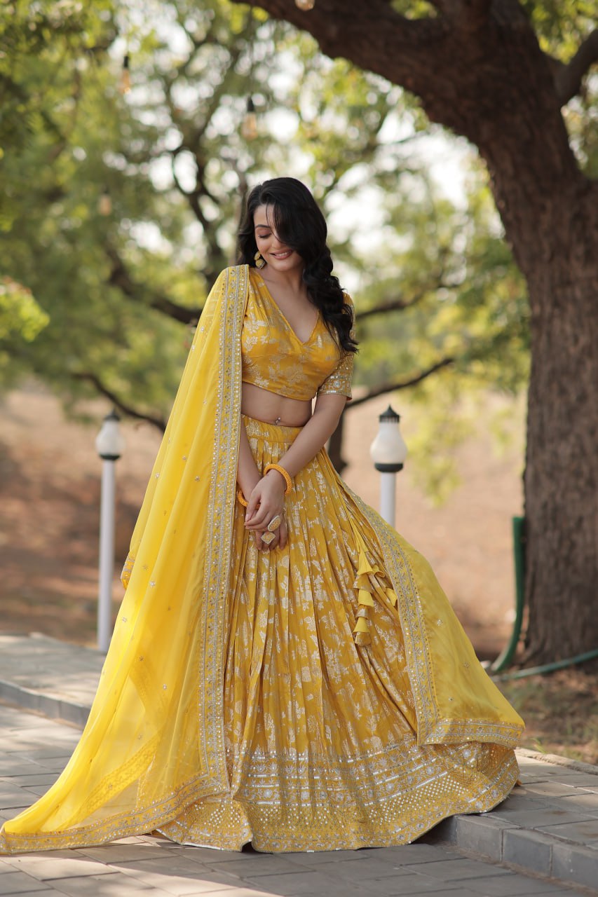 Yellow Pure Dyable Viscose Jacquard With Embroidered Sequins Work Lehenga Choli