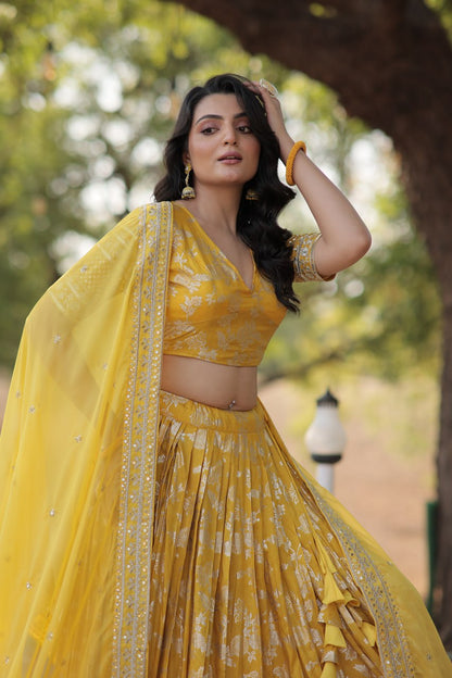 Yellow Pure Dyable Viscose Jacquard With Embroidered Sequins Work Lehenga Choli