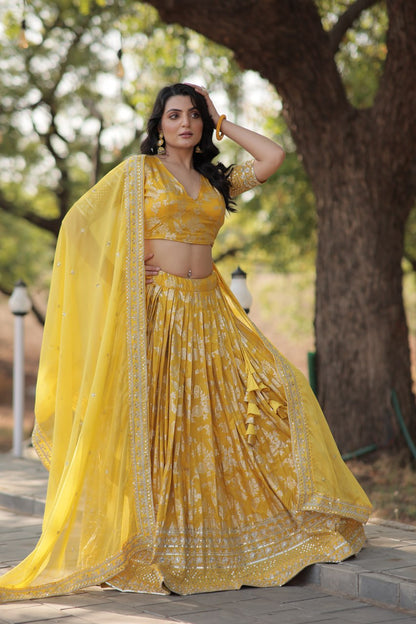 Yellow Pure Dyable Viscose Jacquard With Embroidered Sequins Work Lehenga Choli