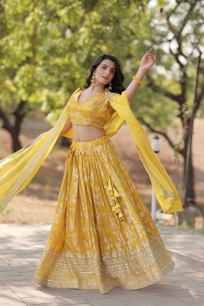 Yellow Pure Dyable Viscose Jacquard With Embroidered Sequins Work Lehenga Choli