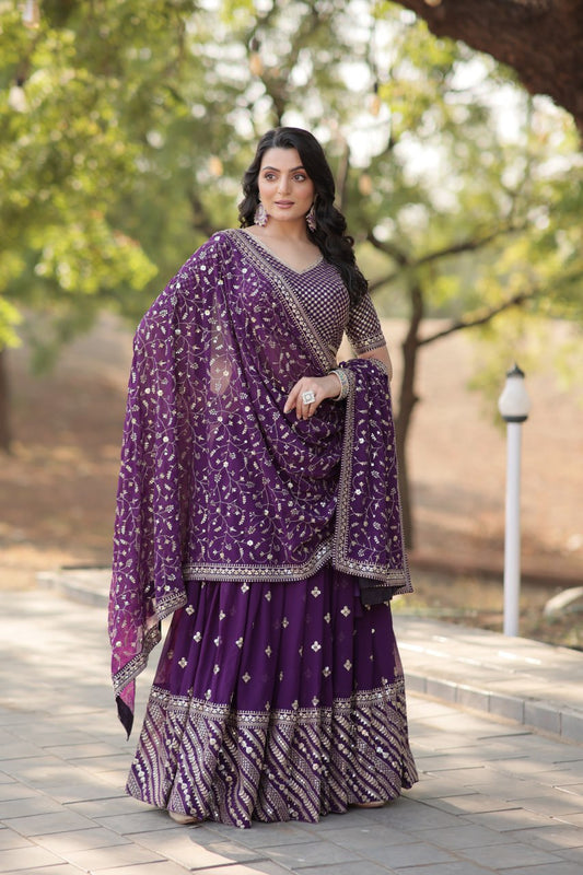 Purple Faux Blooming With Heavy Sequins And Thread Embroidered Work Lehenga