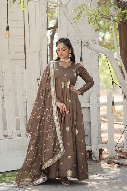 Beige Vichitra Shimmer with Rich Sequins Embroidered Work Gown