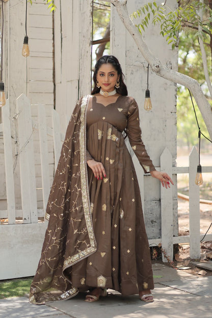 Beige Vichitra Shimmer with Rich Sequins Embroidered Work Gown