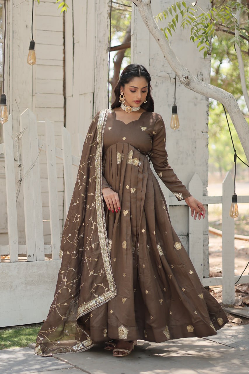 Beige Vichitra Shimmer with Rich Sequins Embroidered Work Gown