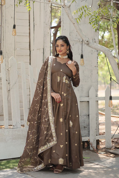 Beige Vichitra Shimmer with Rich Sequins Embroidered Work Gown