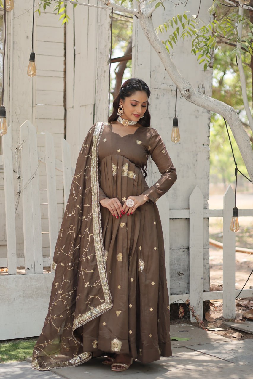 Beige Vichitra Shimmer with Rich Sequins Embroidered Work Gown