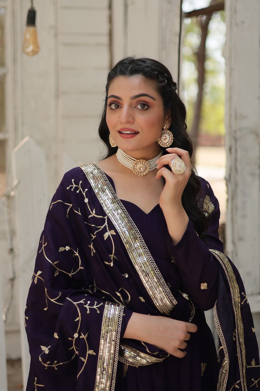 Purple Vichitra Shimmer with Rich Sequins Embroidered Work Gown