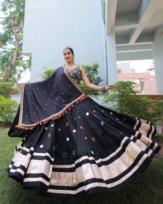 BLACK BEUTIQUE STYLES PURE MASLIN DESIGNER PRINTED AND REAL MIRROR WORK NAVRATRI LEHENGA CHOLI