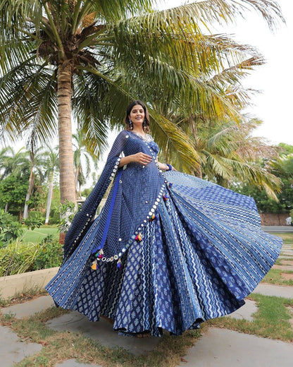 Blue Pure Maslin Designer Printed And Real Mirror With Kodi Work Navratri Lehenga Choli