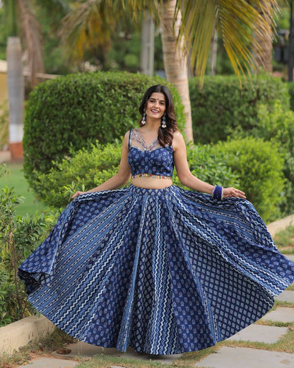 Blue Pure Maslin Designer Printed And Real Mirror With Kodi Work Navratri Lehenga Choli