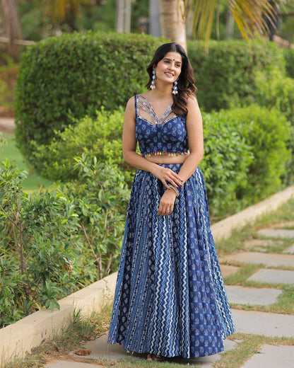 Blue Pure Maslin Designer Printed And Real Mirror With Kodi Work Navratri Lehenga Choli