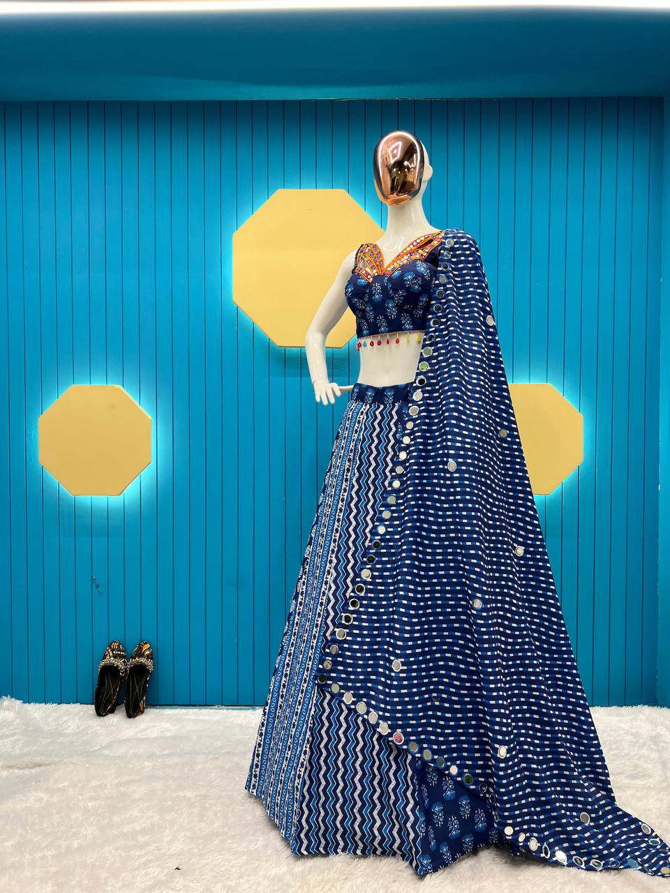 Blue Pure Maslin Designer Printed And Real Mirror With Kodi Work Navratri Lehenga Choli