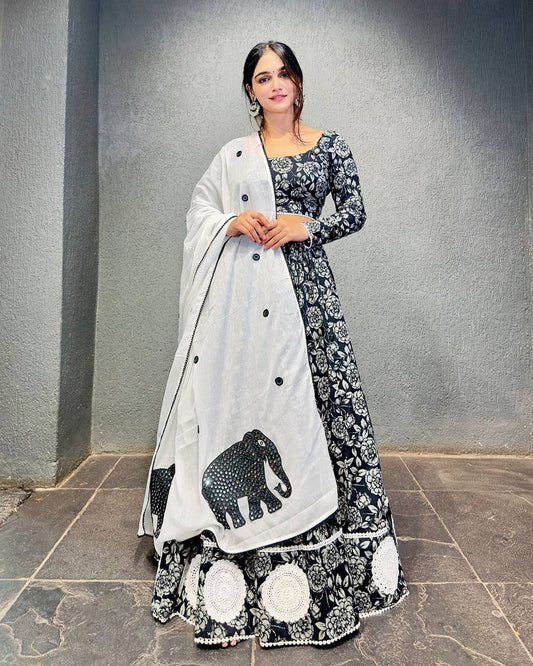 Black and White Reyon Designer Printed And Real Mirror Work Navratri Lehenga Choli