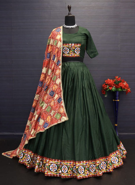 Dark Green Pure Rayon Cotton Lehnga With Chain Stitch Kutchi Embroidery Work Navratri Lehenga Choli