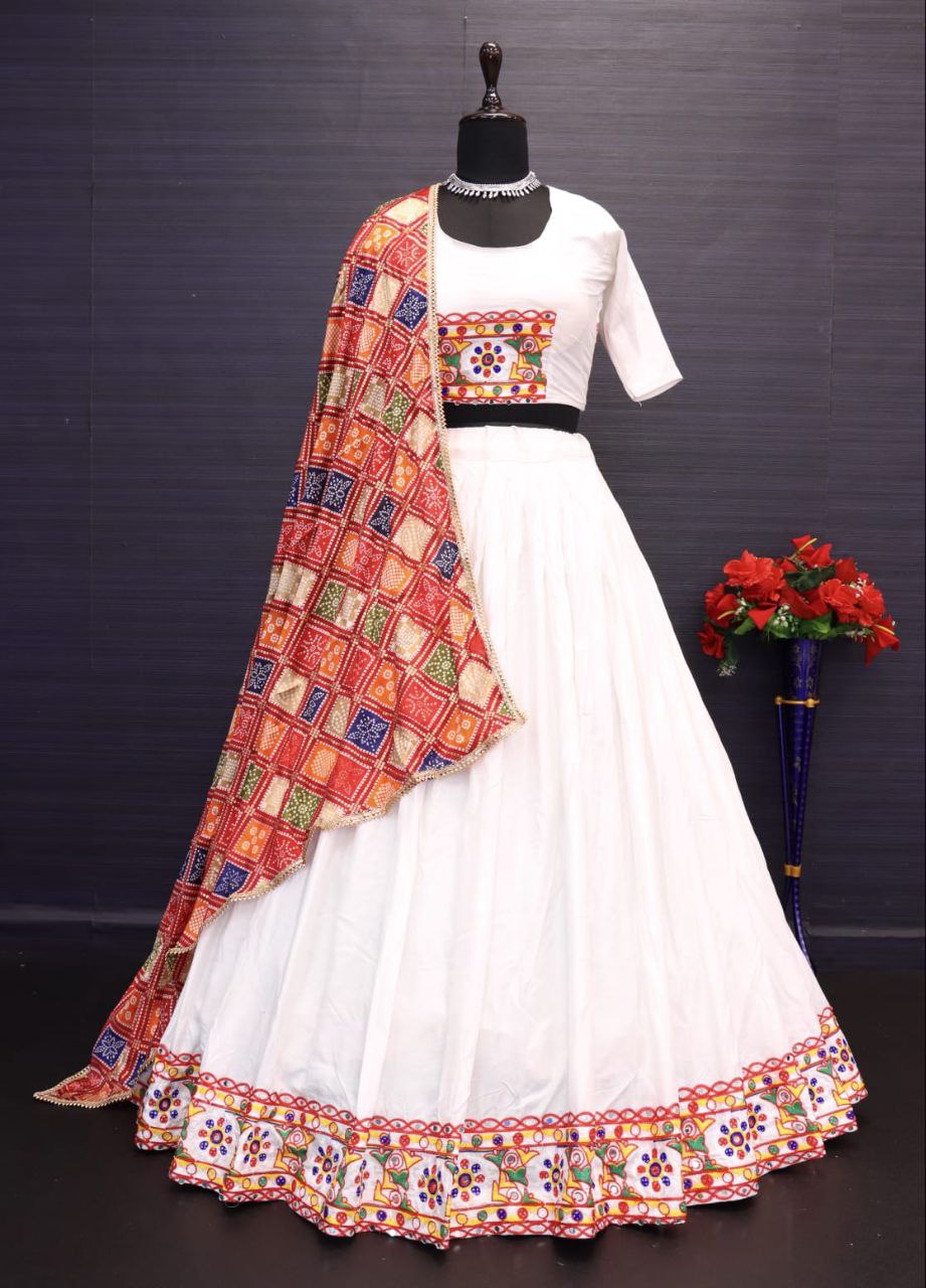 White Pure Rayon Cotton Lehnga With Chain Stitch Kutchi Embroidery Work Navratri Lehenga Choli